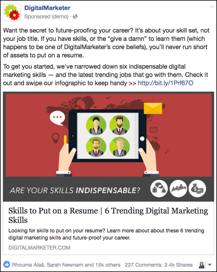 Boosting a post for "Digital Marketing Skills to Put on a Resume" blog post from DigitalMarketer