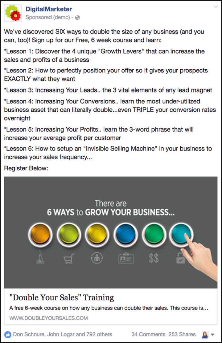 "Double Your Sales" Facebook ad from 2015