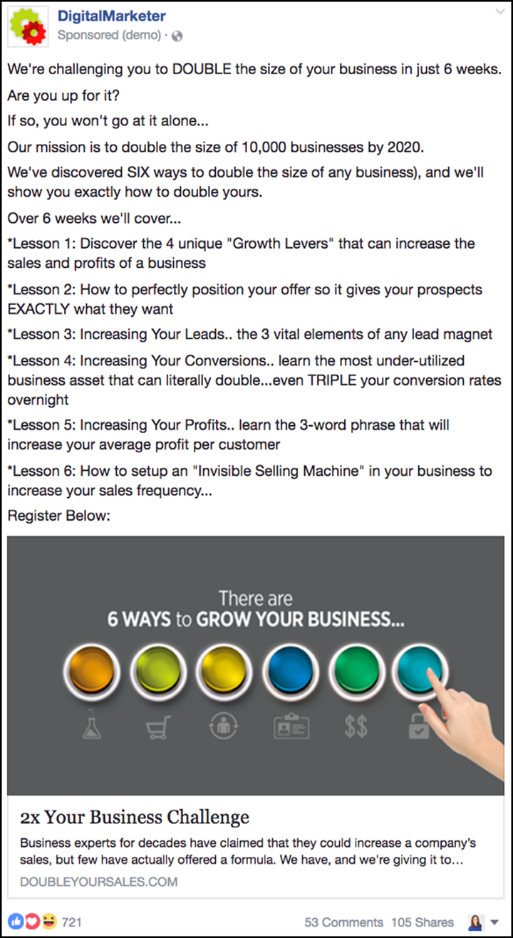 "Double Your Sales" Facebook ad from 2016