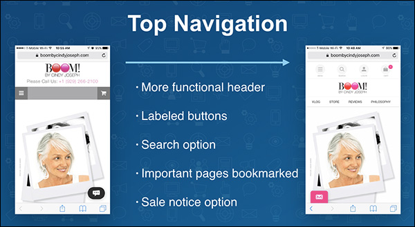 Mobile top navigation: more functional header; labeled buttons; search option; important pages bookmarked; sale notice option — a slide from Ezra Firestone's keynote presentation at Content & Commerce Summit 2017