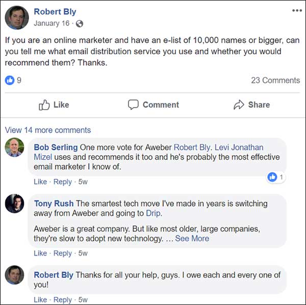 Q&A responses from a Facebook post meant to boost social media following