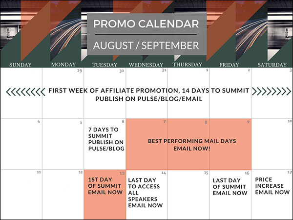 EntrepreneursHQ affiliate info page with promo calendar for August/September