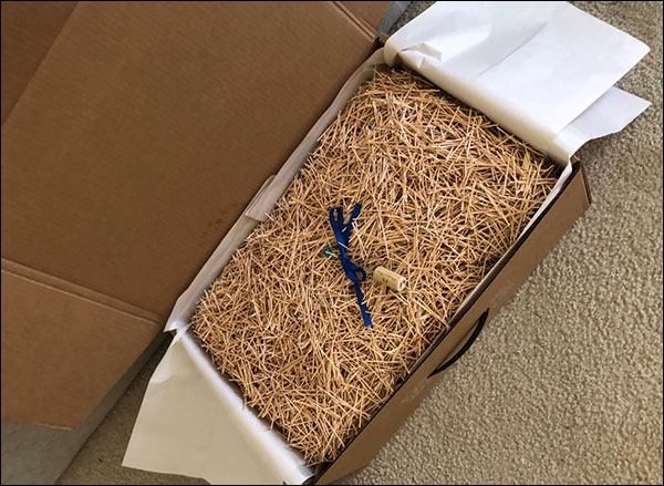 Box filled with 78,735 toothpicks with the fancy pick in the center, tied with a bow.