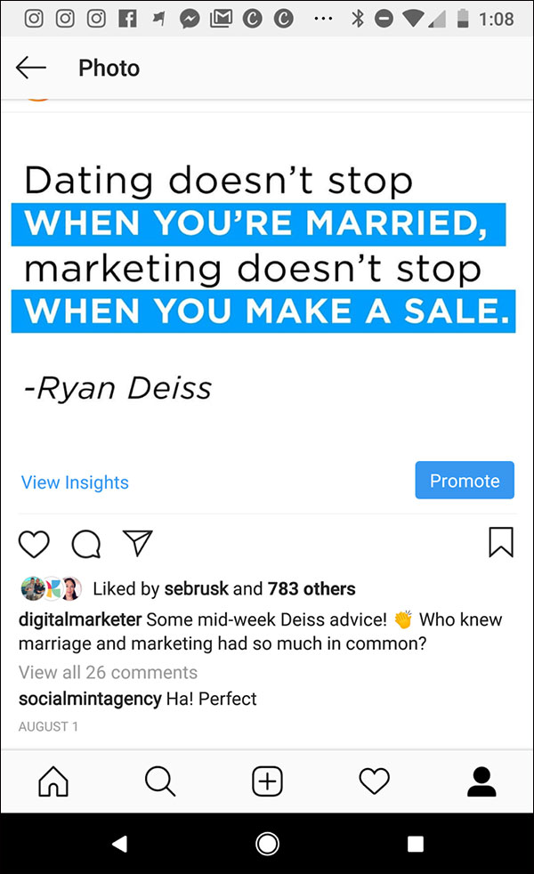 Instagram quote image example from Ryan Deiss: Dating doesn't stop when you're married, marketing doesn't stop when you make a sale.