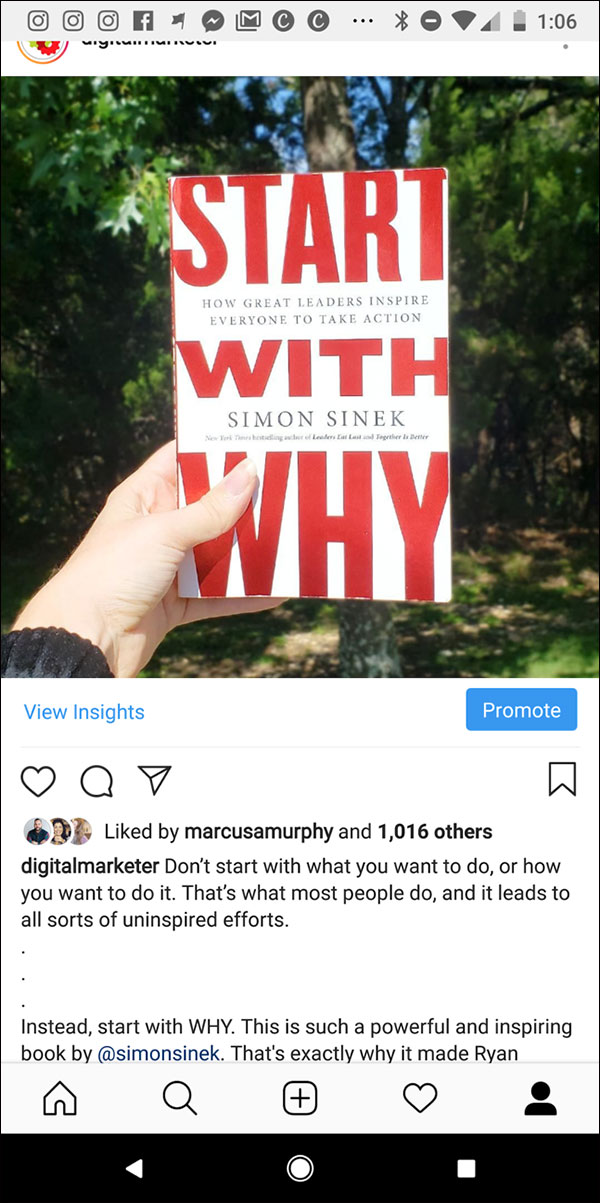 Instagram post picture of a book: Simon Sinek's "Start With Why"