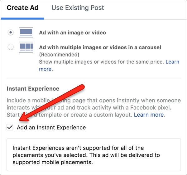 Check the box next to “Add an Instant Experience”