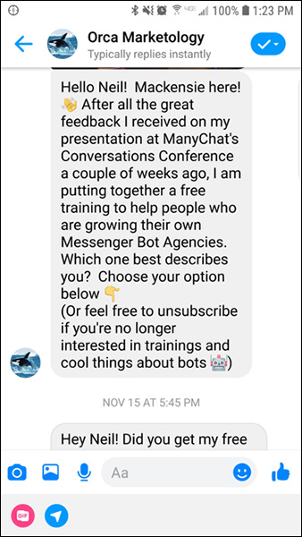 An example of a Facebook message from Orca Marketology