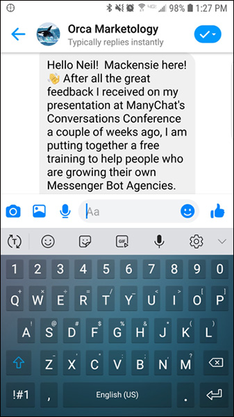 Facebook Messenger with keyboard filling up the screen and cutting down how much of the message is displayed
