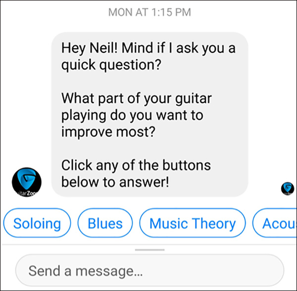 A chatbot asking a question with several answer prompts to choose from