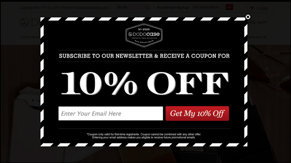 An exit-intent pop-up from DODOcase, offering 10% off for giving your email.
