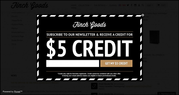 An exit-intent pop-up from Finch Goods offering a $5 credit.