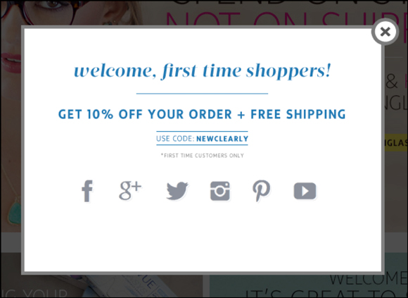 An exit-intent pop-up from Clearly offering 10% off your order and free shipping