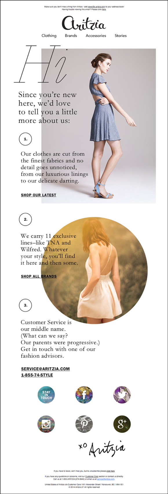 Welcome email from Aritzia