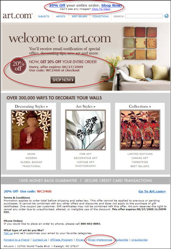 Welcome email from Art.com