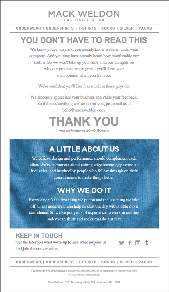 Mack Weldon welcome email