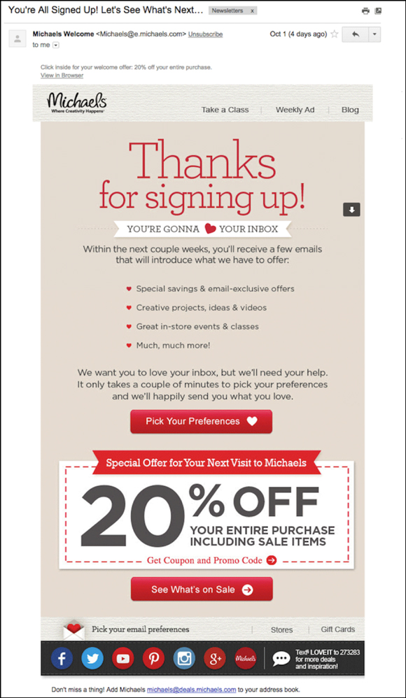 Michaels welcome email