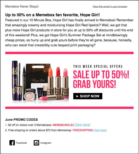 Memebox promotional email