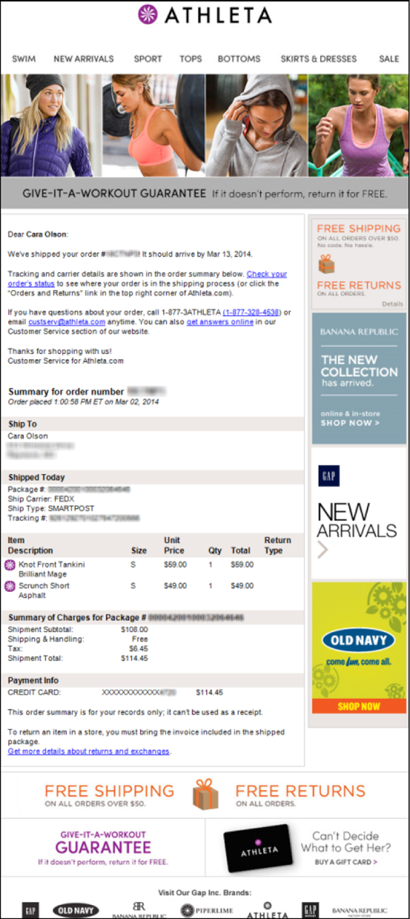 Athleta transactional email