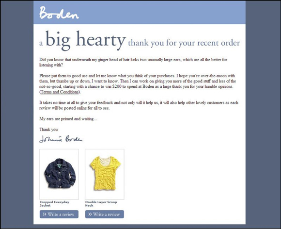 Review request email from Boden