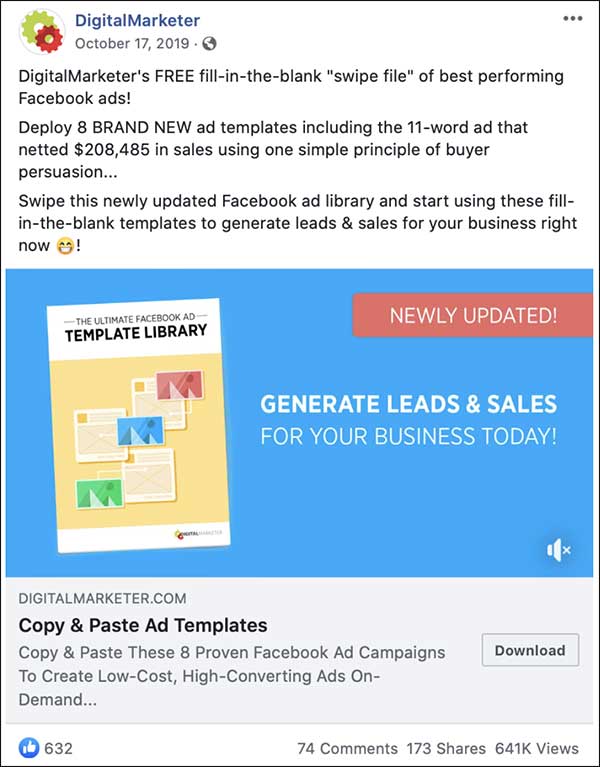 DigitalMarketer newsfeed ad for our Ultimate Facebook Ad Template Library