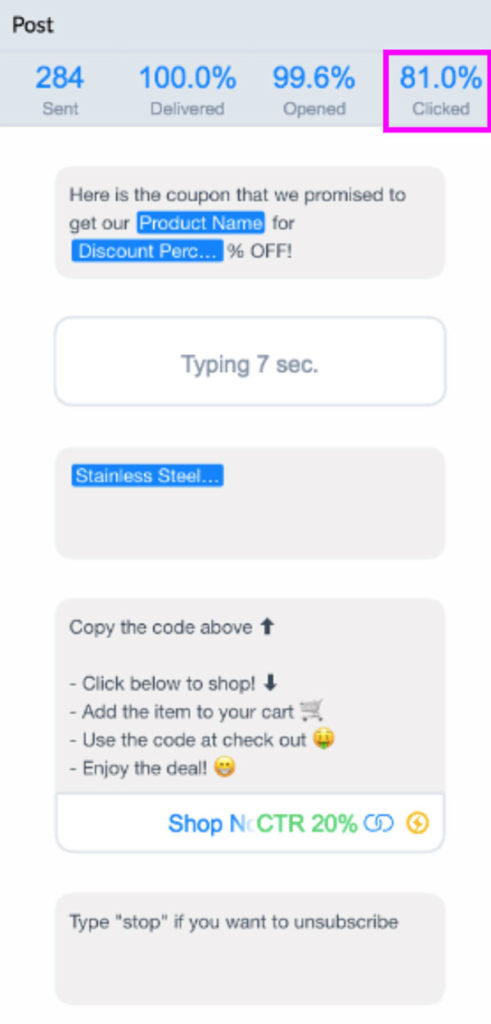Screenshot of 81% CTR for a coupon code sent in a ManyChat flow