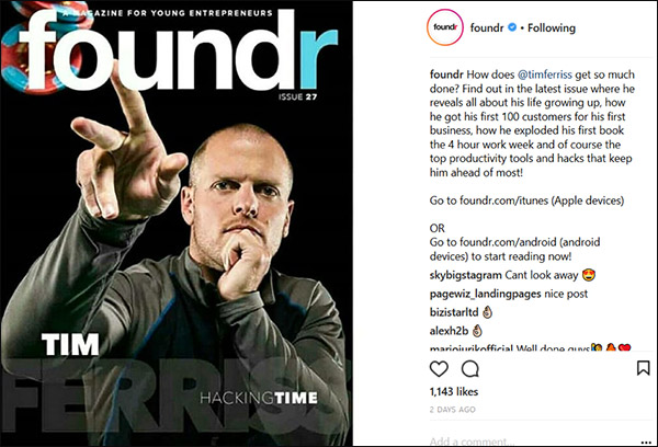 An Instagram post from fondr that highlights an issue that features Tim Ferriss