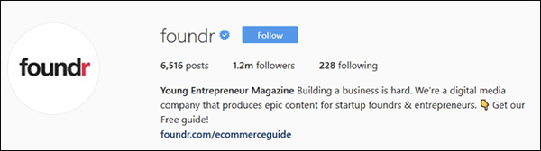The fondr Instagram bio using a CTA and the hand pointing down emoji