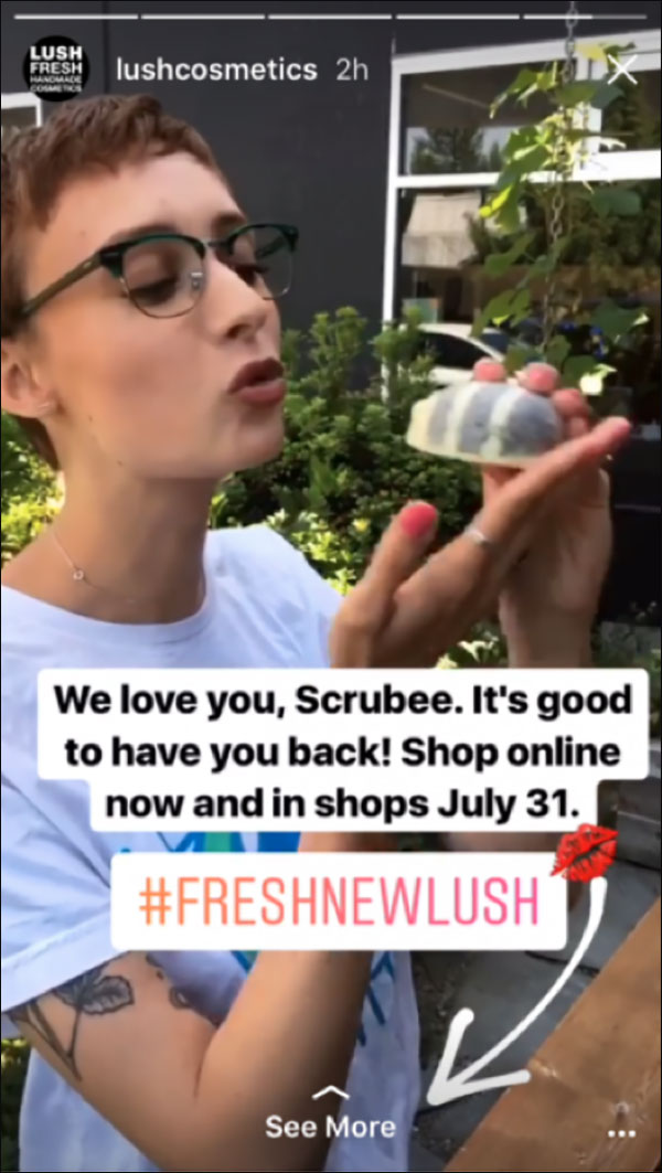 An Instagram story example from Lush Cosmetics that encourages people to swipe up