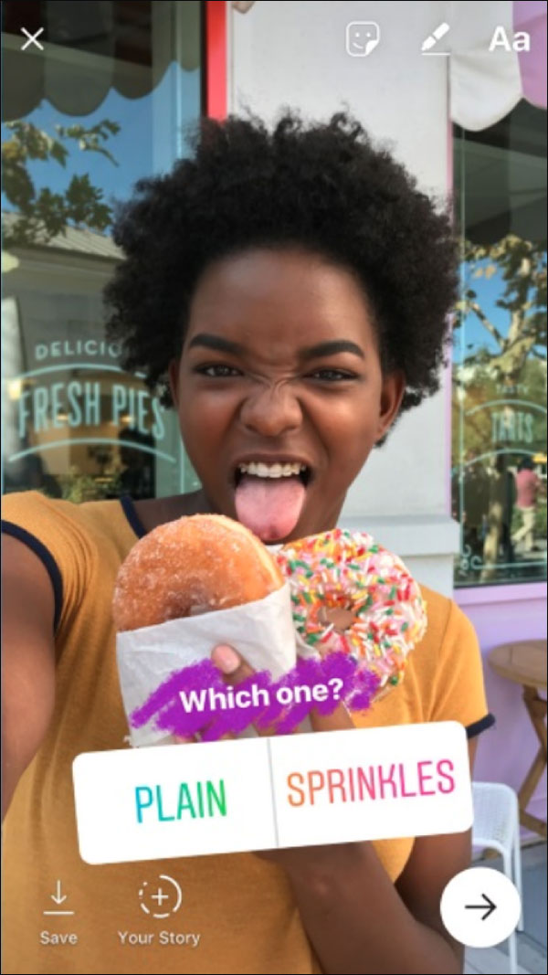 An example of an Instagram feature poll for plain doughnuts or ones with sprinkles