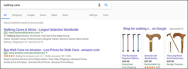 Searching for "walking cane" in Google