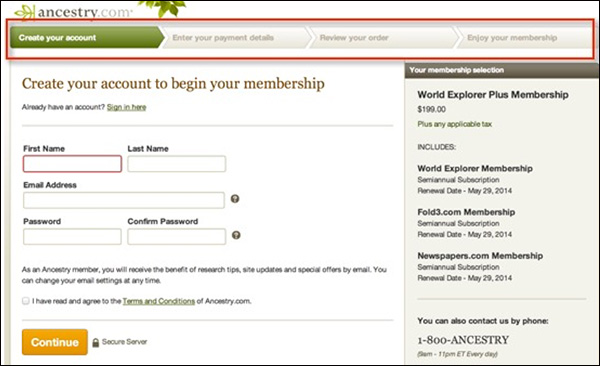 First step of the Ancestery.com shopping cart