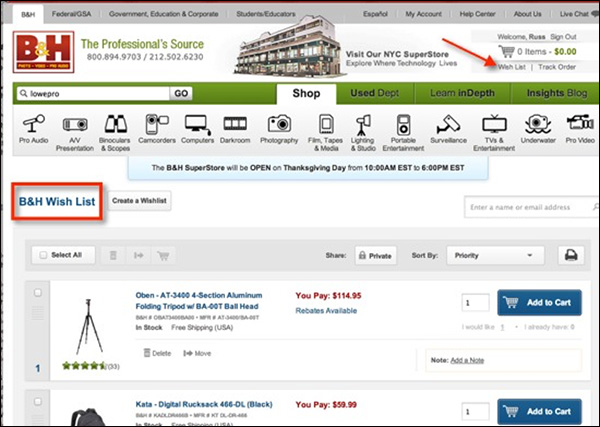 B&H Photo gives these unprepared shoppers an option to add items to their wish list