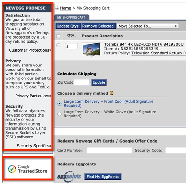 The “NewEgg Promise” to reduce customer fear of buying online with a satisfaction guarantee, privacy and security policy.