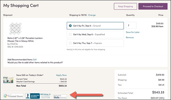 Trust factors on a shopping cart page