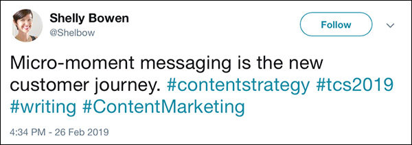 Tweet from Traffic & Conversion Summit 2019 attendee saying "Micro-movement messaging is the new customer journey."