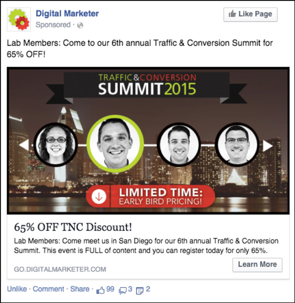 DigitalMarketer Facebook ad for Traffic & Conversion Summit 2015