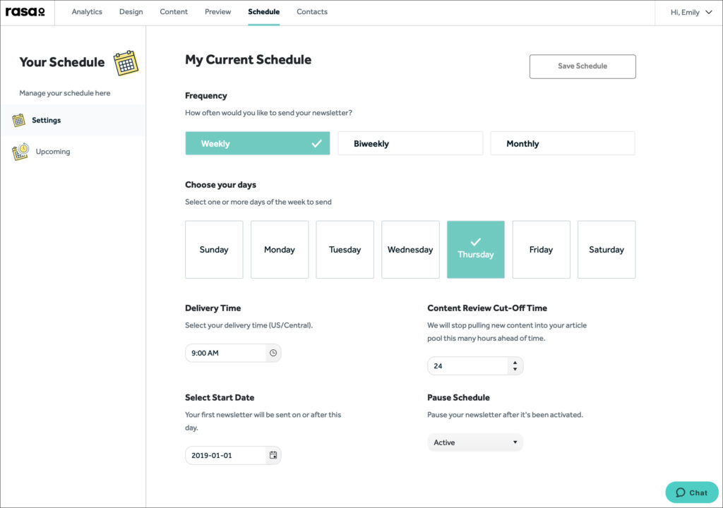 Using rasa.io's tool to schedule your email newsletter.