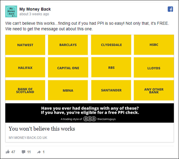 My Money Back Facebook ad