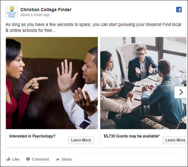 Christian College Finder Facebook ad