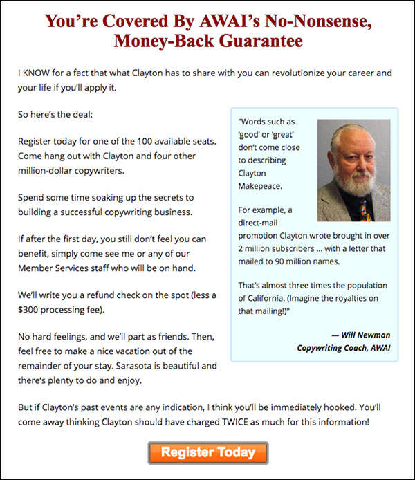 AWAI money-back guarantee for an event