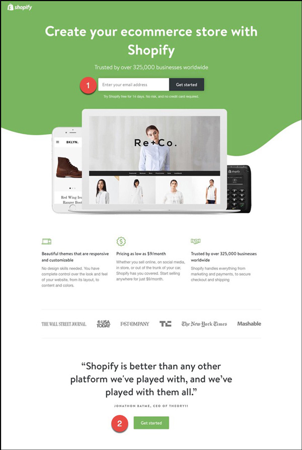 Landing page from Shopify with only 2 places to click