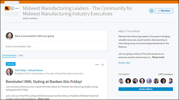 LinkedIn group for Midwest Manufacturing Leaders made by Tom Swip