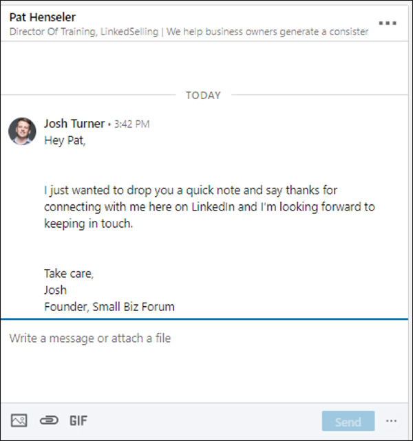 First message from 5 message sequence LinkedIn marketing strategy: thanks for connecting