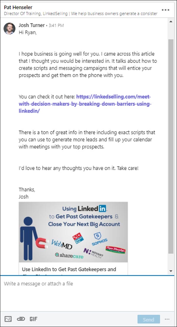 Second message in 5 message sequence LinkedIn marketing strategy: interesting article