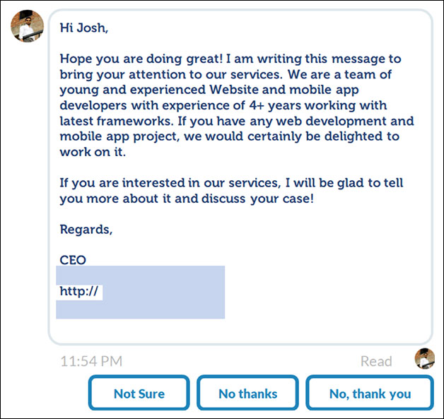LinkedIn message with generic ad copy