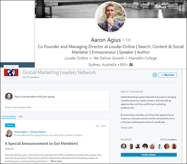 LinkedIn Aaron Agius profile and screenshot of his LinkedIn group, Global Marketing Leaders Network group